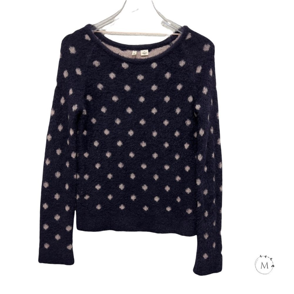 Anthropologie Moth Size M Fuzzy Sweater Polka Dot Navy Light Pink Eyelash Wool B